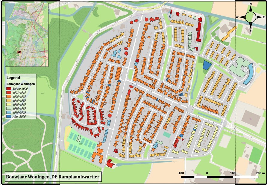 Kaart van het Ramplaankwartier waarop de woningen zijn gekleurd naar bouwjaar; het overgrote deel is rood en oranje (gebouwd vóór 1940).
