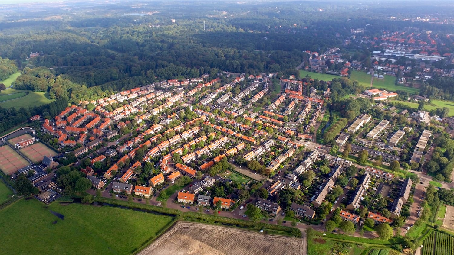 Luchtfoto van het Ramplaankwartier in Haarlem: een waaiervormig stratenpatroon met overwegend vooroorlogse rijwoningen met oranje pannendaken, omzoomd door groen.