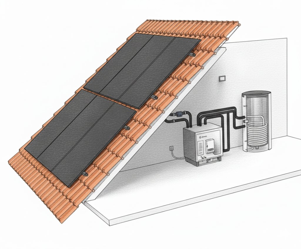 Illustratie van de installatie in een woning: PVT-panelen op het schuine pannendak, met binnen een warmtepomp en een buffervat verbonden door leidingen.