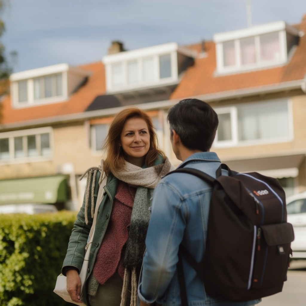 Twee buren staan met elkaar te praten op straat, voor rijwoningen met dakkapellen.