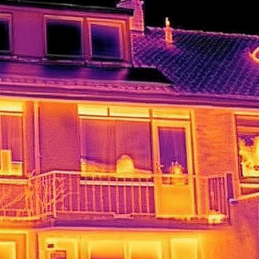Warmtebeeld van een woninggevel in de nacht: ramen, deuren en de balkonrand kleuren geel en oranje door warmteverlies, het dak blijft koel paars.