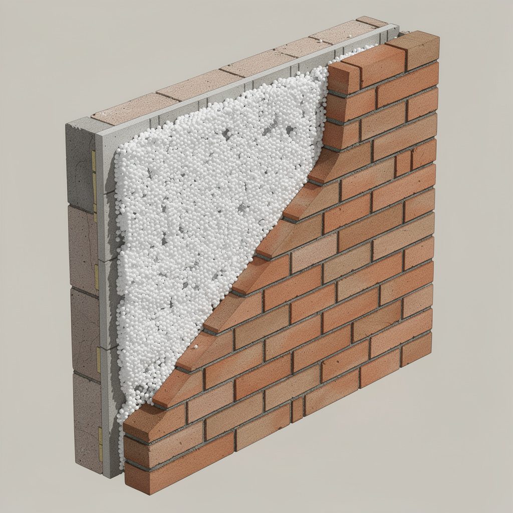 Doorsnede van een spouwmuur: de spouw tussen het binnenblad en de bakstenen buitenmuur is gevuld met witte isolatieparels.