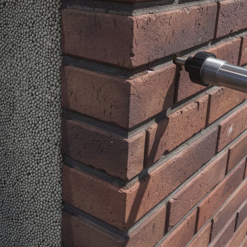 Close-up van een vulmond in een boorgat in de voeg van een bakstenen gevel; in de spouw zijn grijze isolatieparels zichtbaar.